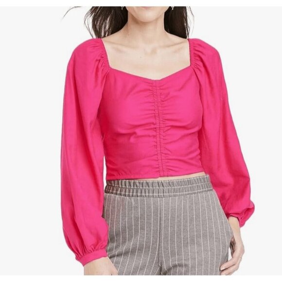 A New Day Tops - A New Day Women's Pink Balloon Long Sleeve Slim Fit Ruched Front Top Size XXL